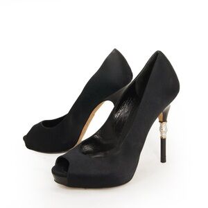 Gucci Raso Seta Nero 600 Open Toe Black Satin Crystal Heels Shoes